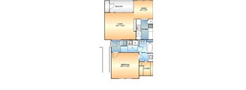 A floor plan of an apartment with a living room, bedroom, bathroom, and closet.