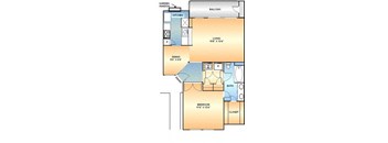 A floor plan of a house with a living room, dining room, kitchen, bedroom, bathroom, and closet.
