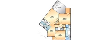 A floor plan of a two-bedroom apartment with a living room, kitchen, bathroom, and balcony.