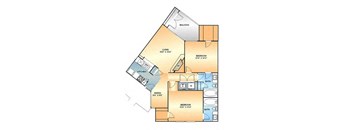 A floor plan of a two-bedroom apartment with a living room, kitchen, dining room, and bathroom.