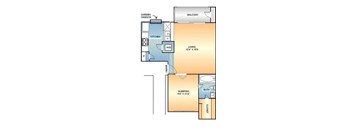 A floor plan of a one bedroom apartment with a living room, kitchen, bathroom, and sleeping area.