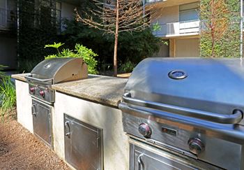Two stainless steel grills with a small plant on top of the left one.