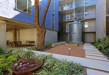 A courtyard with a table and chairs and a tree.