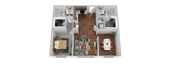 A 3D floor plan of a small apartment with a living room, kitchen, and bedroom.