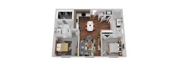 A 3D floor plan of a small apartment with a kitchen, living room, and bedroom.