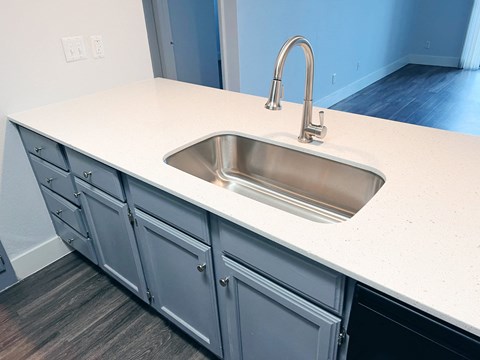 a kitchen counter with a sink and a faucet