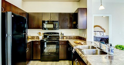 A kitchen with a black refrigerator and brown cabinets.