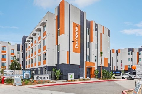 A modern building with the name at The Orion Senior Apartments - Orange, CA Apartments, California, 92866