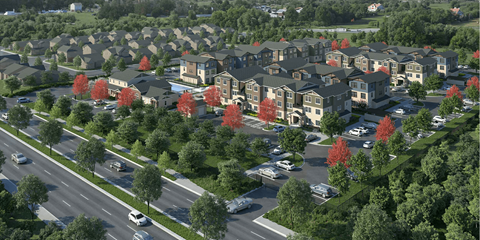 A suburban neighborhood with houses and trees.