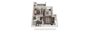 A floor plan of a small apartment with a kitchen, living room, and bathroom.