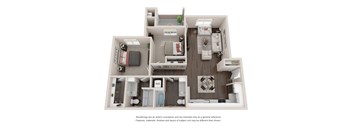A 3D rendered image of a house layout.