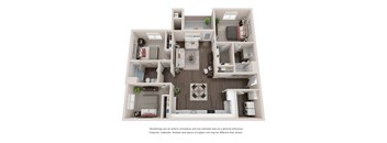 A 3D rendered image of a house layout.