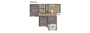 2 bedroom 2 bathroom floor plan. 894 square feet
