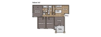 3 bedroom 2 bathroom floor plan. 1,070 square feet