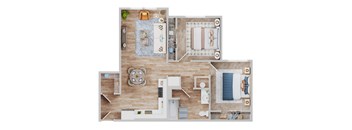 A top-down view of a house layout with a kitchen, living room, dining area, and bedrooms.