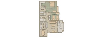 A floor plan of a house with a master bedroom, two bathrooms, a kitchen, a living room, a dining area, and a patio.