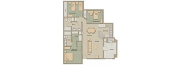 A floor plan of a house with a master bedroom, two additional bedrooms, a dining area, kitchen, living room, and bathrooms.