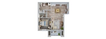 A top down view of a house interior with a kitchen, living room, and bathroom.