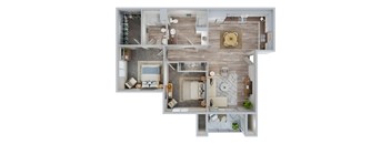 A top down view of a house interior with a kitchen, living room, and bathroom.