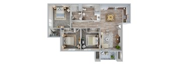 A top-down view of a modern apartment layout with a kitchen, living room, and bathroom.