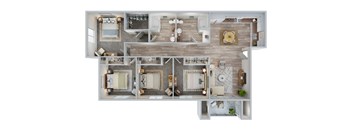 A floor plan of a house with a kitchen, living room, dining room, and three bathrooms.