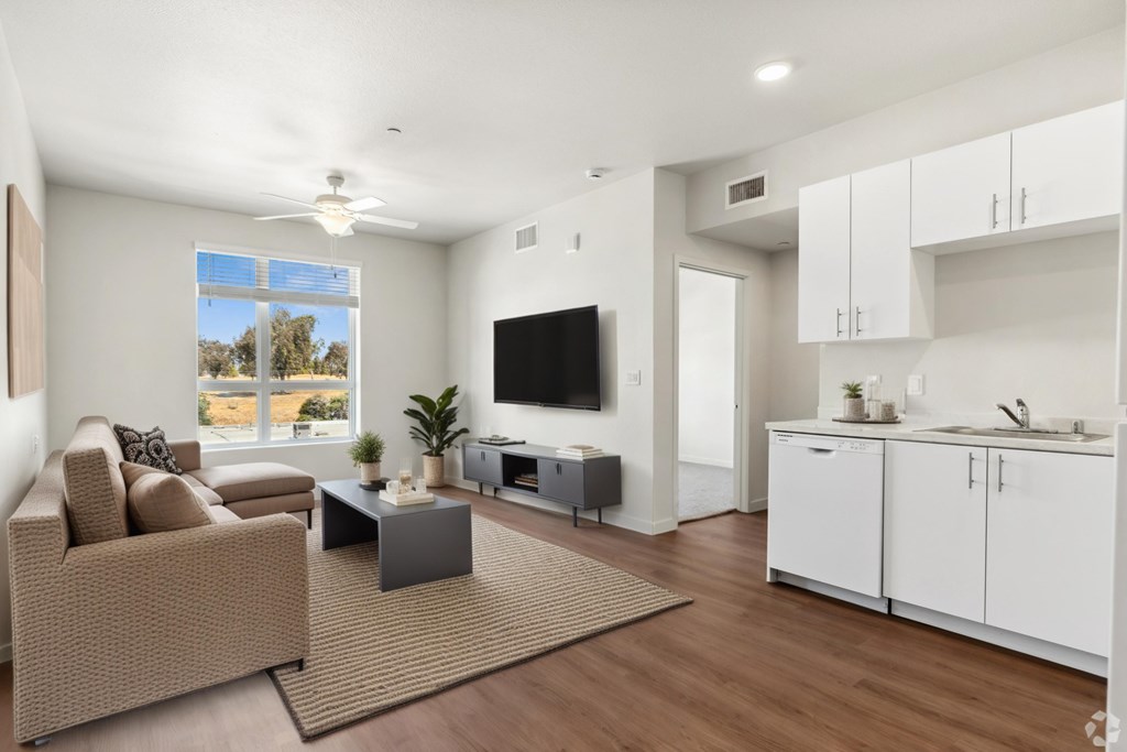 A living room with a brown couch and a television.