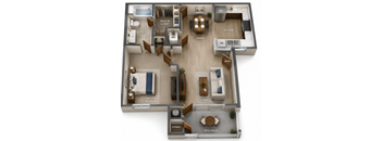 A 3D floor plan of a house showing the layout of the rooms.