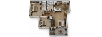 A 3D floor plan of a house with two bedrooms, a living room, a kitchen, a pantry, a laundry area, and a storage area.