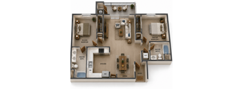A 3D floor plan of a house with two master bedrooms, a kitchen, a dining area, and a pantry.