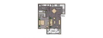 1 bedroom 1 bathroom floorplan, approximately 645 square feet