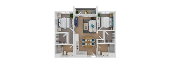 A 3D rendered image of a small apartment layout.