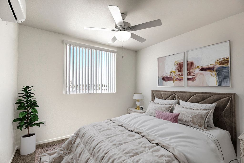 a virtually staged bedroom with a bed and a ceiling fan