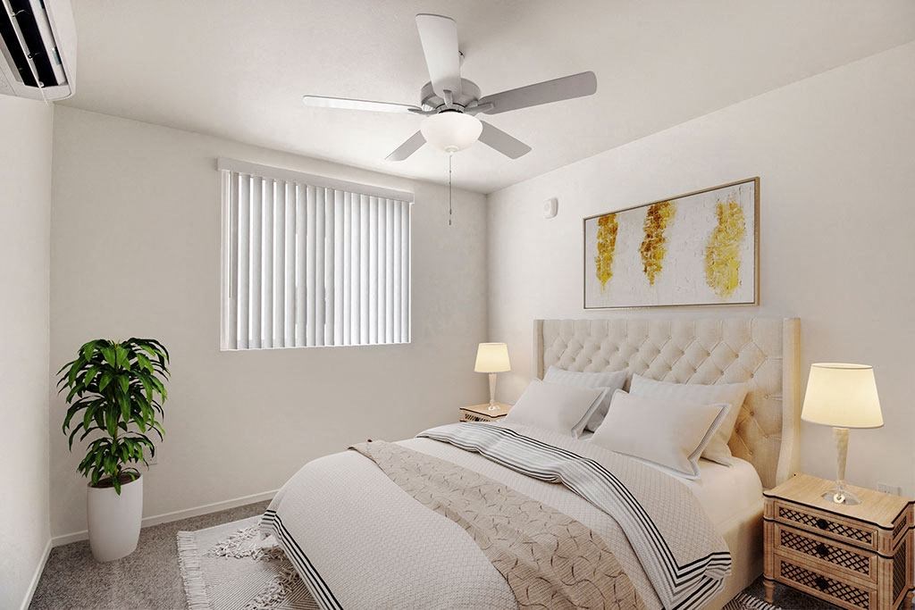 a virtually staged bedroom with a bed and a ceiling fan