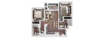 a 3d floor plan of a house with a bedroom and a living room