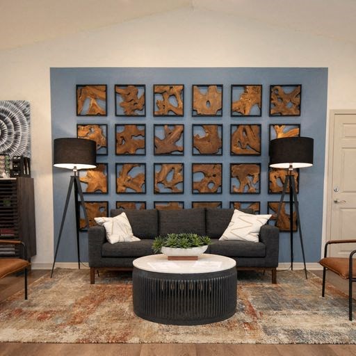 a living room with a blue wall and a couch and a table