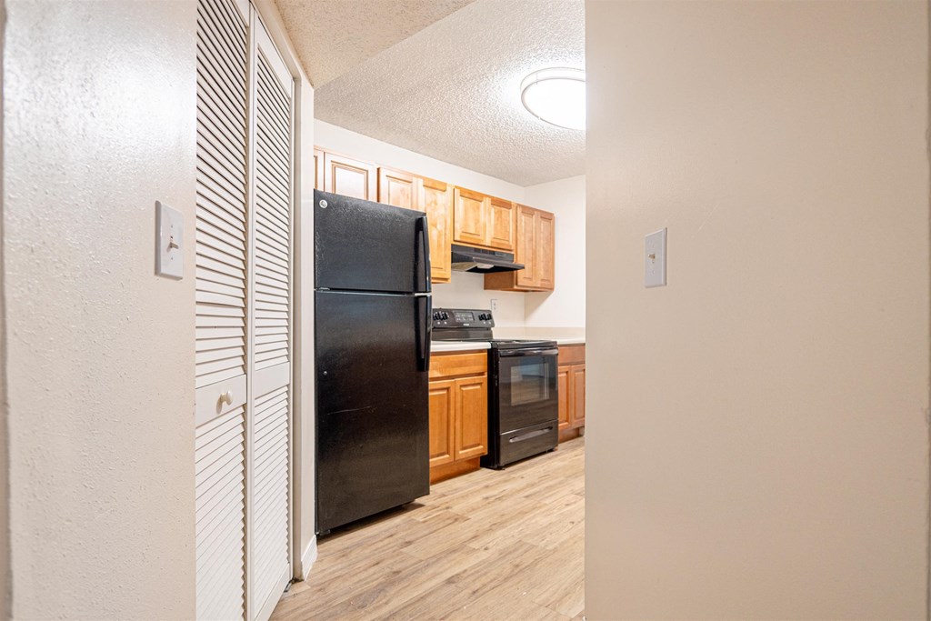 a kitchen with a black refrigerator and wooden cabinets