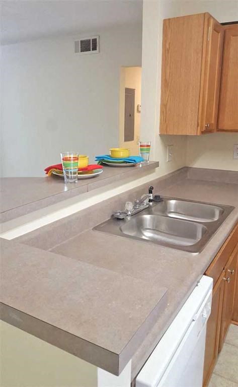 a kitchen with a sink and a counter top