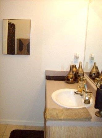 a bathroom with a white sink and a mirror