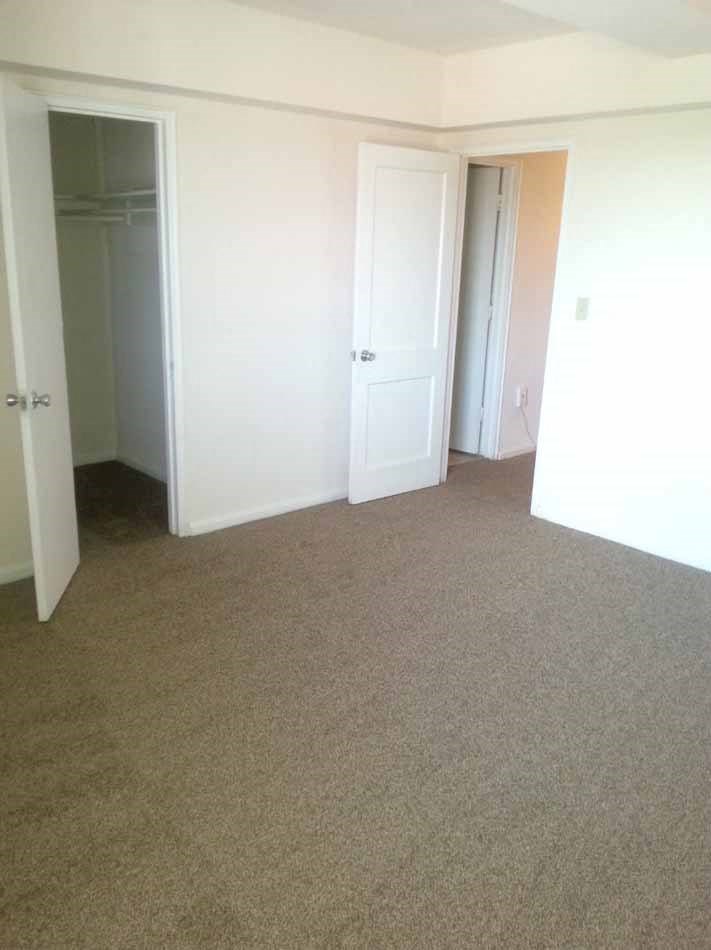 an empty bedroom with a carpeted floor and a closet