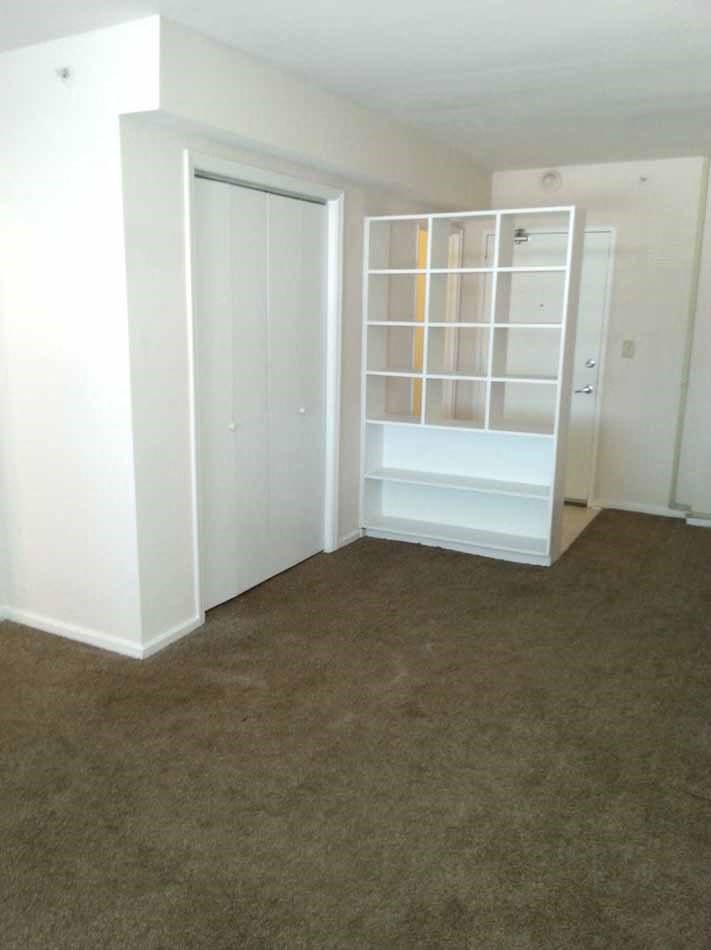an empty room with a closet and a carpet