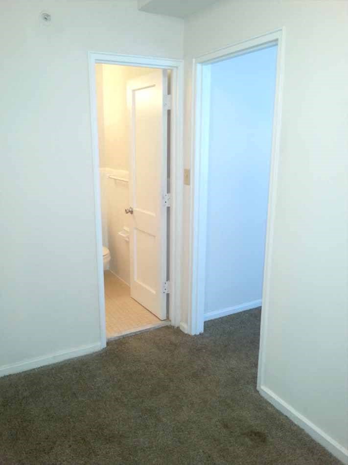 a room with a door open to a bathroom and a closet