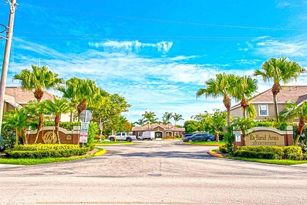 a street with palm trees in front of houses