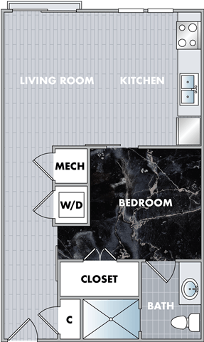 floor plan of a living room with a kitchen and a bathroom