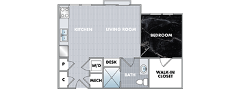 a floor plan of a living room and kitchen with a walk in closet