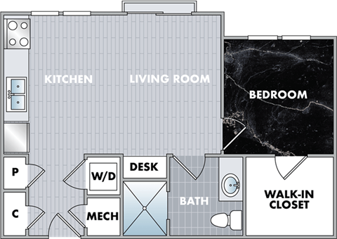 a floor plan of a living room and kitchen with a walk in closet