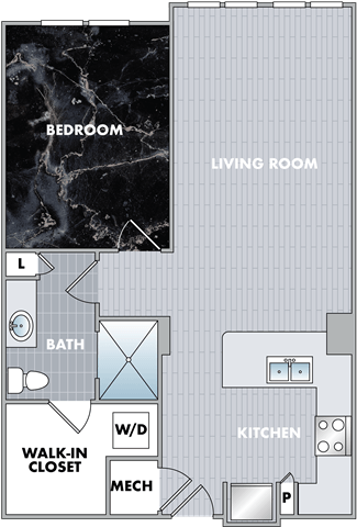floor plan of a living room with a bedroom and a bathroom