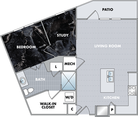 a floor plan of a bedroom floor plan with a bathroom and a living room