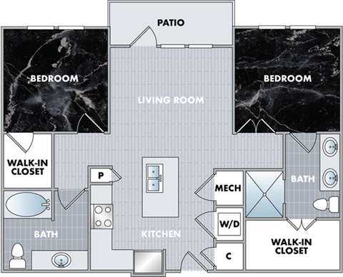 floor plan of a bedroom apartment with a bathroom and a living room