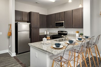 Kitchens with Dark Cabinetry and Stainless Steel Appliances Kitchens with Dark Cabinetry and Stainless Steel Appliances at Abberly Solaire Apartment Homes, Garner, NC, 27529 - Photo Gallery 3