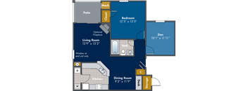 1 bedroom 1 bathroom Floor plan B at Abberly Twin Hickory Apartment Homes, Virginia